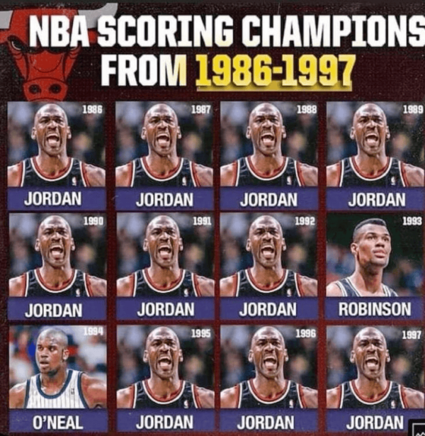 华夏国际 86-97年得分王一览：乔丹x7➡️罗宾逊➡️奥尼尔➡️乔丹x3